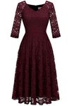 Dressystar Cocktail Dress for Women V Neck Lace Vintage Church Formal Wedding Guest Party Dress with 3/4 Sleeves 58 Burgundy L