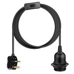 Teynewer Ceiling Pendant Light Fitting, E27 Screw Lamp Holder with Switch Suspended & Lock Ring for Shade, 2 Core Extension Cable UK Plug Pendant Light Fitting Kit (3m, Black)