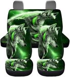 chaqlin Galaxy Green Wolf Car Seat Cover Set, 4 Pieces Universal Car Front Seat Covers Animal Wolf Rear Split Bench Seat Cushion Pads for Women Men Car Interior Seat Covers Accessories Decorative