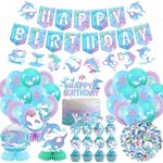 Dolphin Party Decorations ,Include Happy Birthday Banner, Cake Toppers , Dolphin Theme Garland, Balloons, Stickers, Honeycomb Centerpieces, for Ocean DolphinTheme Birthday Baby Shower Party Supplies