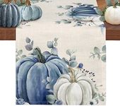 Fall Thanksgiving Table Runner-Cotton Linen- 90 Inch Holiday Dresser Scarves, Grey Blue Pumpkin Eucalyptus Leaves Rustic Burlap Tablerunner for Coffee/Dining Bedroom Living Room Dinner Scarf Décor