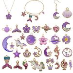 MAYCREATE® 31Pcs Gold Plated Enamel Pendants Set Necklace Bracelet Charms for DIY Jewelry Making Charms and Crafting, Unicorn Moon Star Flower Fish Shell Pendant Kit (Purple)