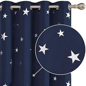 Deconovo Space Curtains Star Printed Thermal Insulated Blackout Curtains Eyelet Top Curtains Kids Bedroom 52 x 72 Inch Drop Navy Blue 1 Pair