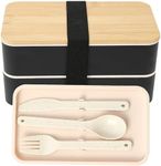 Grippi Ring Bento Box Adult Lunch Box - Silicone and Bamboo Lunch Container for Meal Prep - with 2 Stackable Food Containers, 1 Removable Divider, Eating Utensils, Strap (4" Hx7 Lx4 W, Black)