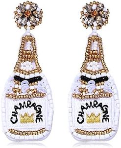 Beaded Champagne Bottle Earrings for Women Handmade Bead Champagne Drop Dangle Earring Statement Earring Studs for Birthday Holiday Parties Gifts (White)
