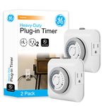 GE 24-Hour Heavy Duty Indoor Plug-in Mechanical Timer 2 Pack, 30 Minute Intervals, Daily On/Off Cycle, for Lamps, Seasonal Lighting, Holiday Decorations, 46211, Grounded 2-Outlet | Gray/White, 2 Count