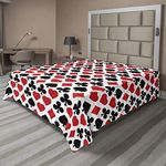 Lunarable Casino Flat Sheet, Card Suits Pattern with Clubs Diamond Shapes Hearts Spades Poker Gamble Theme, Soft and Comfortable Top Sheet Decorative Bedding 1 Piece, Full Size, Vermilion Black