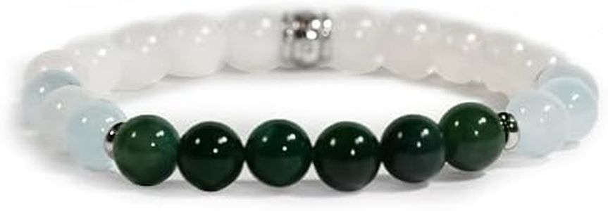 Joyfulmuze Natural Stones Stretch Bracelets, White Crystal, Blue Aquamarine, Gree Moss Agate, Handmade Jewelry for Women and Man (White-Crystal-Aquamarine-Moss-Agate)