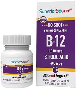 Superior Source No Shot Vitamin B-12 Cyanocobalamin 1000 mcg & Folic Acid 400 mcg - Offers Energy, Heart, Brain, & Stress Support - 100 Sublingual Dissolving Tablets