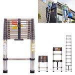 Telescopic Folding Ladder 3.2M/ 10.5FT Multi Purpose Collapsible Loft Ladders, Portable Stainless Steel Ladder Heavy Duty Sturdy Straight Ladders
