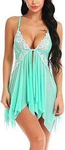 klier Lingerie for Women Lace Babydoll Sexy Chemise V Neck Mesh Sleepwear, Green, Large