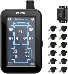 GUTA Tire Pressure Monitoring System, Trailer TPMS with Color Touchscreen Display & 12 Flow Thru Sensor, 6 Alert Modes, Signal Booster, Tire Pressure Monitor for RV, Camper, Semi, 5th Wheel (0-188PSI)
