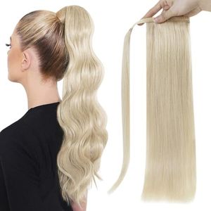 Human Hair Ponytail Extension Full Shine Platinum Blonde Wrap Around Ponytail Hair Extensions with Clip 20 Inch Blonde Pony Tail Hair Piece Straight Pony Remy Hair Extensions 80g
