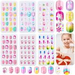 144 Pieces Kids Press on Nails Grils, Thrilez Children Fake Nails Artificial False Nail Tips Pre Glue Full Cover Short Acrylic Nails for Girls Kids Nail Art Decoration (Rainbow Sky)