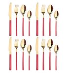 Stainless Steel Cutlery Set of 16 Pieces, 18/8 Stainless Steel Table Knife/Table Fork/Table Spoon/Tea Spoon ,Silver Ware Flatware Set for 4, Mirror Polished，Can Be Placed in The Dishwasher！(Red gold)