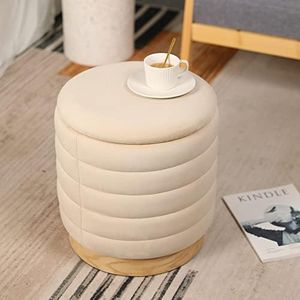 Storage Stool Box Dutch Velvet Footstool, 42cm Tall Padded Seat with Wooden Base, Stool Pouffe Chair with Lids for Bedroom Living Room Garden Dressing Table Office Snack(Beige Round, Striped Line)