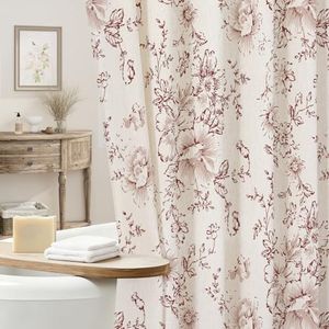Craidlela Farmhouse Floral Shower Curtain, Extra Long Burgundy Linen Shower Curtains, Vintage Cottagecore Shower Curtain for Bathroom, Tan Taupe, 72x84