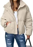 MEROKEETY Women's Long Sleeve Full Zip Puffer Coats Stand Collar Pockets Warm Padded Jackets, LightKhaki, S