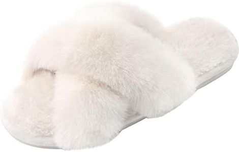 Women's Cross Band Slippers Fuzzy Soft House Slippers Plush Furry Warm Cozy Open Toe Fluffy Home Shoes Comfy Winter Indoor Outdoor Slip On Breathable, Cream, 5-6