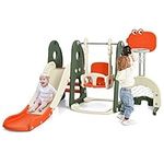 GYMAX Toddler Swing and Slide Set, 6 in 1 Children Climber and Swing Set with Adjustable Basketball Hoop, Football Gate & Golf Hole, Kids Playground Activity Centre for Indoor (Dinosaur)