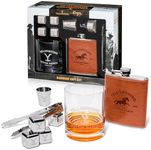 Dragon Glassware x Yellowstone Barware Gift Set of 4 - Includes a Yellowstone Shot Glass, Leather Flask, Chilling Stones & Drinking Glass