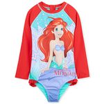 Disney Girls One Piece Swimsuit, Long Sleeve Swimming Costume - Girls Gifts (Red Ariel, 4-5 Years)