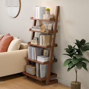 AQIMUELE Wooden Ladder Shelf, Ladder Bookshelf, Short Ladder Shelf with Stable Structure, Leaning Bookshelf Ladder for Living Room, Bedroom, Home Office, 55.1" H (Walnut)