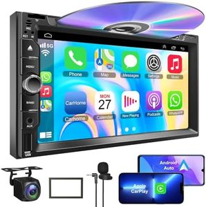 Double Din car Stereo with CD/DVD Player- CarPlay & Android Auto, Car Audio with Bluetooth, 7 Inch HD Touchscreen, Rear Camera, USB/TF/AUX, Subwoofer, AM/FM Radio Receiver