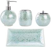 WHOLE HOUSEWARES | Bathroom Accessory Set | Accesorios de Baño | 4-Piece Decorative Glass Bathroom Accessories Set | Soap Dispenser, Tray, Jar, Toothbrush Holder | Gift Idea | Mosaic Glass (Turquoise)