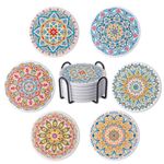 STARUBY Drink Coasters Set of 6 Ceramic Coaster Beautiful Absorbent Coaster Drink Mat with Cork Base Flower2 Patterns Round Coaster Non Slip for Coffee,Beer,Mug,Wine Glass Bottle,Home and Bar