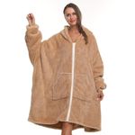 Cozy Sherpa Wearable Snuggle Blanket Hoodie with Zipper for Adults Women Men Kids Gift Idea,Oversized Blanket Sweatshirt.Super Warm Light Weight,Teddy Brown