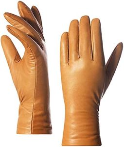 Harssidanzar Women's Leather Winter Gloves,Genuine Lambskin Leather Lined Cashmere Warm Driving Gloves For Women GL006, Tan, Large