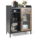 COSTWAY Industrial Storage Cabinet, Wooden Buffet Sideboard with Drawer, Mesh and Tempered Glass Door & Anti-toppling Device, Home Kitchen Dining Room Display Organiser Pantry Cupboard