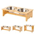 FOREYY Raised Pet Bowls for Cats and Small Dogs, Bamboo Elevated Dog Cat Food and Water Bowls Stand Feeder with 2 Stainless Steel Bowls and Anti Slip Feet (4''Tall-20 oz Bowl)