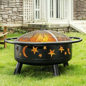 38 Inch Round Fire Pit with Mesh Cover, Fire Poker, Star and Moon Design, Metal Wood Burning Outdoor Firepit for Patio, Backyard, Garden, Bonfire Party,Perfect for Christmas, Thanksgiving, Halloween