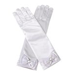 Children's Dress Gloves Flower Girls Long Gloves Princess Dressing Gloves Kids Satin Long Finger Dress Gloves with Bow Diamonds for Birthday Long Evening Halloween Party Accessory Costume (White)