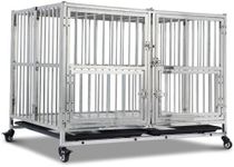 48" Dog Crate Heavy Duty Cage Kennel with Wheels, Full Stainless Steel High Anxiety Indestructible Dog Crate, Sturdy Locks Design, Double Door Small Door Design & Removable Tray Design - Silver