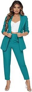 SweatyRocks Women's 2 Piece Solid Ruched Sleeve Blazer and Pants Business Office Suit Set Cadet Blue S