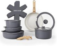 Country Kitchen Cookware Set with Removable Handle, Oven & RV Safe Pots and Pans Set, Grey/Ivory Wood Handle, Original