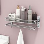 Plantex Rack for Bathroom Storage/Multipurpose Stainless Steel Bathroom Shelf with Hooks & Towel Hanger/Rod/Bathroom Accessories Holder (2-Tier, Chrome)