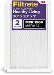 Filtrete 20x30x1 AC Furnace Air Filter, MERV 12, MPR 1500, CERTIFIED asthma & allergy friendly, 3 Month Pleated 1-Inch Electrostatic Air Cleaning Filter, 2-Pack (Actual Size 19.81x29.81x0.78 in)