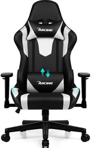 Homimaster Gaming Stuhl, Bürostuhl Ergonomisch mit verstellbare Lendenkissen, Kopfkissen und Armlehnen, Gaming Chair Gepolstert, Gamer Stuhl Wippfunktion, Gaming Stuhl 150 kg Belastbarkeit