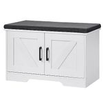 HOMSHO 2-Tier Storage Bench, Shoe Bench with Padded Seat Cushion, Entryway Bench with 2 Barn Doors, Adjustable Shelf, 13.8" D x 27.6" W x 17.7" H, for Entryway, Living Room, Bedroom, White