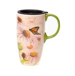 TZSSP Coffee Ceramic Mug Porcelain Latte Tea Cup with Lid 17oz. Butterfly over Flower