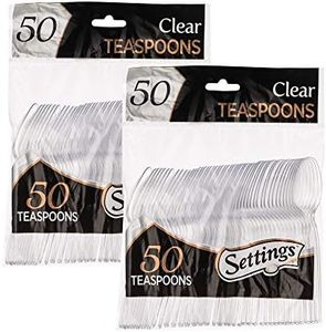[100 Count] Settings Plastic Clear Teaspoons, Heavyweight Disposable Cutlery, Great For Home, Office, School, Party, Picnics, Restaurant, Take-out Fast Food, Outdoor Events, Or Every Day Use, 2 Bags