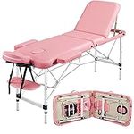 Yaheetech Massage Table Portable Tattoo Table Lash Bed 3 Section Foldable Aluminum Massage Bed Professional Tattoo Spa Table Bed Pink