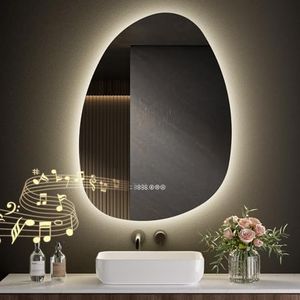 S'AFIELINA Miroir de Salle de Bain avec éclairage Asymétrique, 75x55cm Miroir de Salle de Bain avec éclairage avec Touche, antibuée, Horloge, Bluetooth, 3 Couleurs, variateur, température, IP44