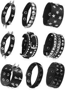 Hicarer 9 Pieces Spiked Studded Bracelet Black Leather Rivet Punk Bracelet Cuff Wrap Bangle Snap Button Metal Wristband for Men Women, black