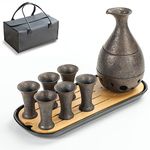 TEANAGOO Traditional Japanese Sake Set, Sake Carafe(6 Oz) with 6 Sake Cups (0.9 Oz) for Hot or Cold Japanese Soju Liquor with Serving Bambo Tray Gift Sets 10pcs/set,T3 Saki Sets Traditional Carafe Set