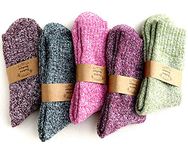 JUNAN 5Pairs Ladies thermal Winter socks, Womens Thick Knitting Warm & comfy Wool Crew Vintage Style Sock, D-thread, 7